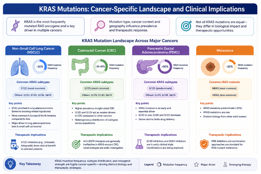 Figure comparing KRAS mutation frequency, common subtypes, and therapeutic implications across non-small cell lung cancer, colorectal cancer, pancreatic ductal adenocarcinoma, and melanoma. It emphasizes that KRAS mutations vary by cancer type and require disease-specific treatment strategies.