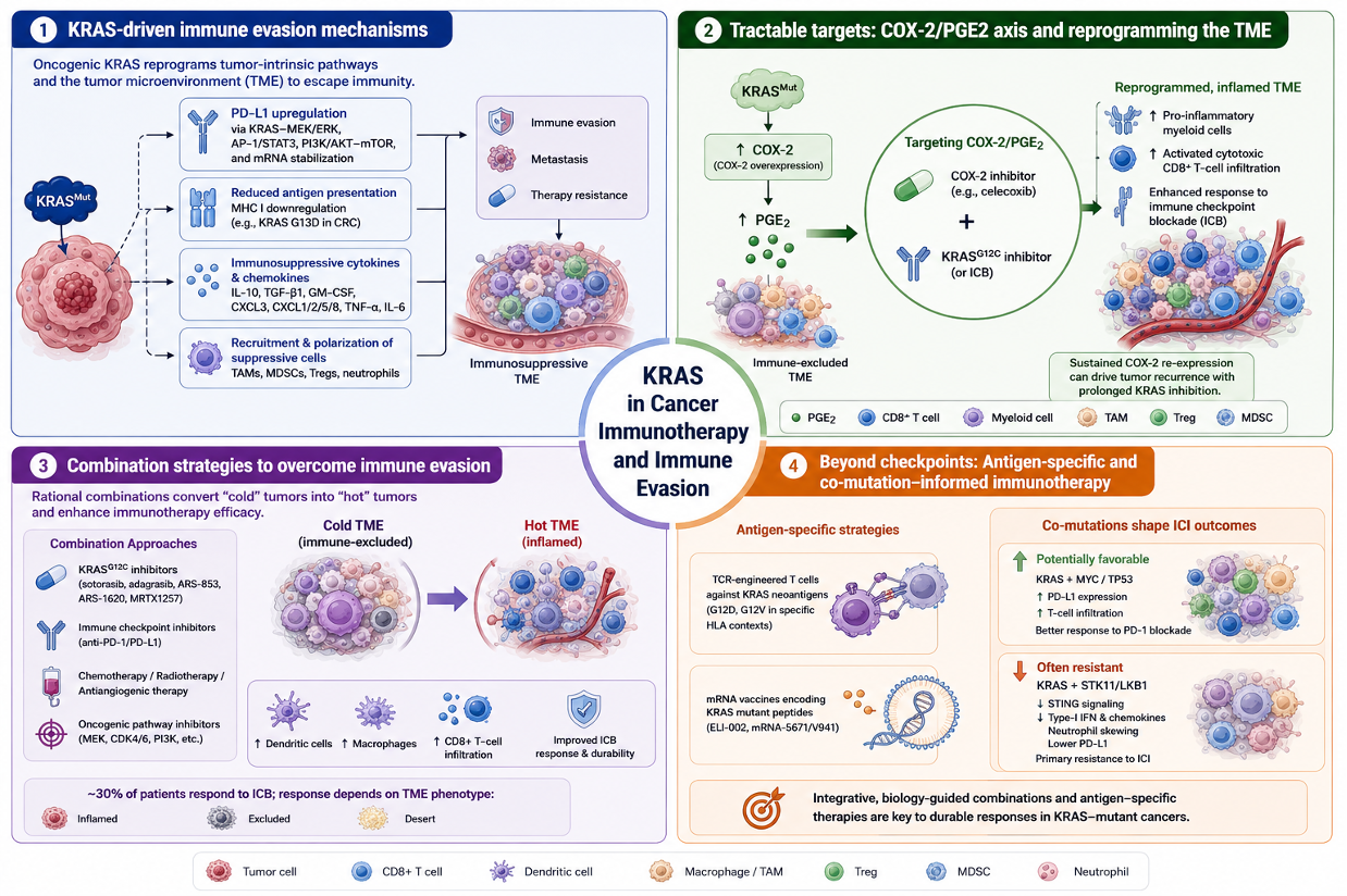 Figure illustrating mechanisms of KRAS-driven immune evasion, therapeutic strategies targeting the COX-2/PGE2 axis and the tumor microenvironment, combination immunotherapy approaches, and antigen-specific or co-mutation-guided strategies to improve responses in KRAS-mutant cancers.