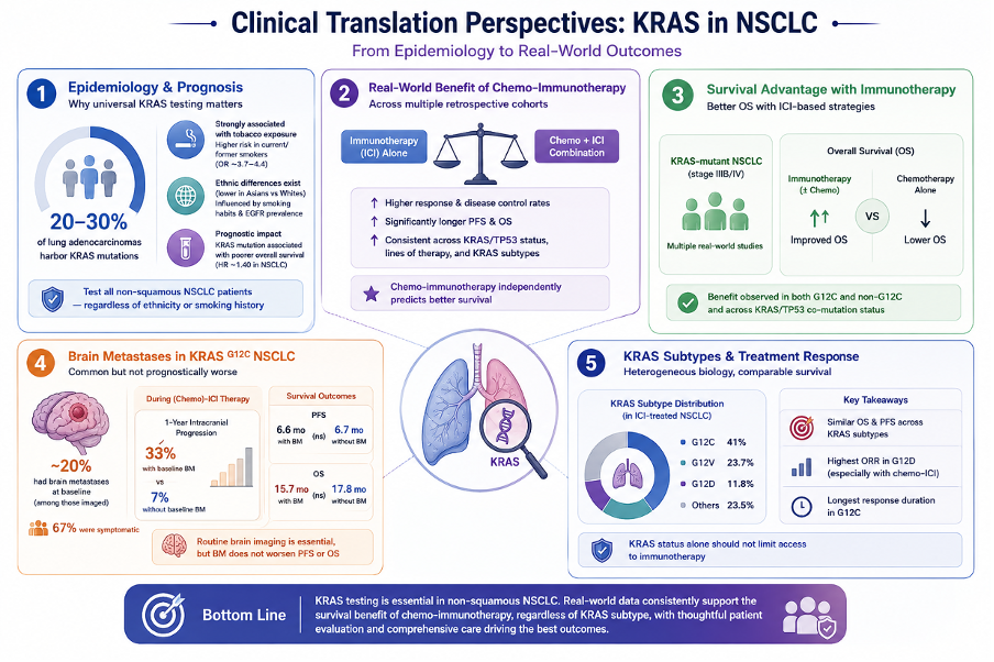 Figure illustrating the clinical translation of KRAS biology in non-small cell lung cancer, including epidemiology, treatment outcomes with chemo-immunotherapy, survival benefits of immunotherapy, brain metastases, and subtype-specific responses to guide personalized treatment.