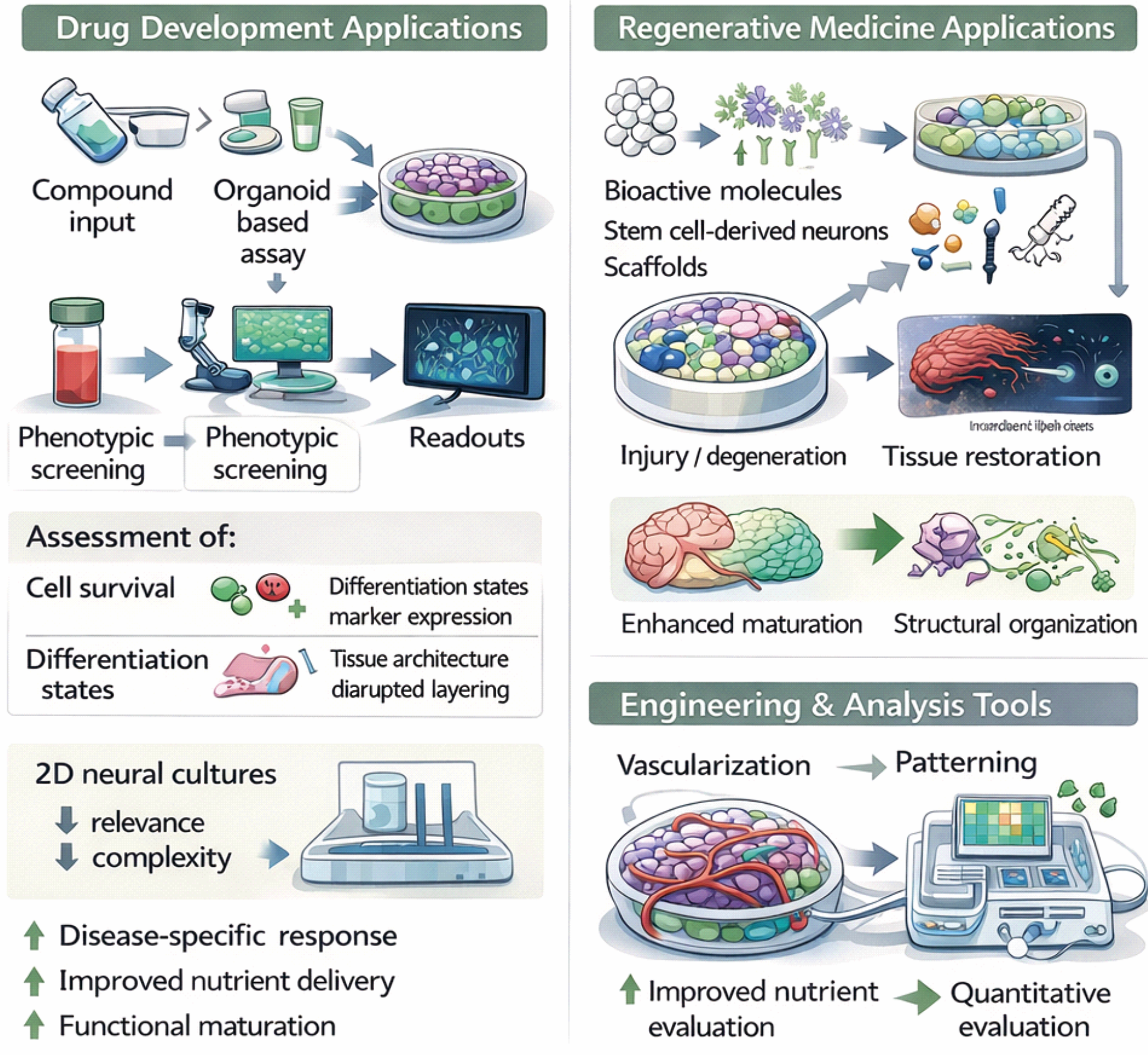 Diagram summarizing applications of hPSC-derived brain organoids in neurodevelopmental disease modeling, neurotoxicity testing, drug screening, and regenerative research. Engineering strategies such as vascularization and microfluidic integration are also depicted.