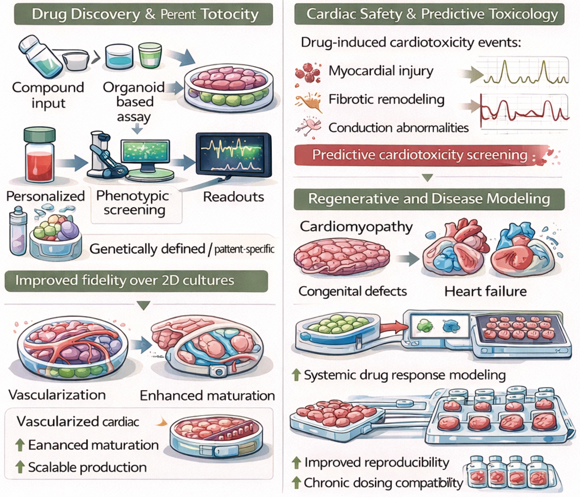 Schematic overview of hPSC-derived cardiac organoid applications in drug discovery, cardiotoxicity testing, disease modeling, and regenerative cardiology. The figure highlights functional assessment, tissue engineering, vascularization, and organ-on-chip integration.