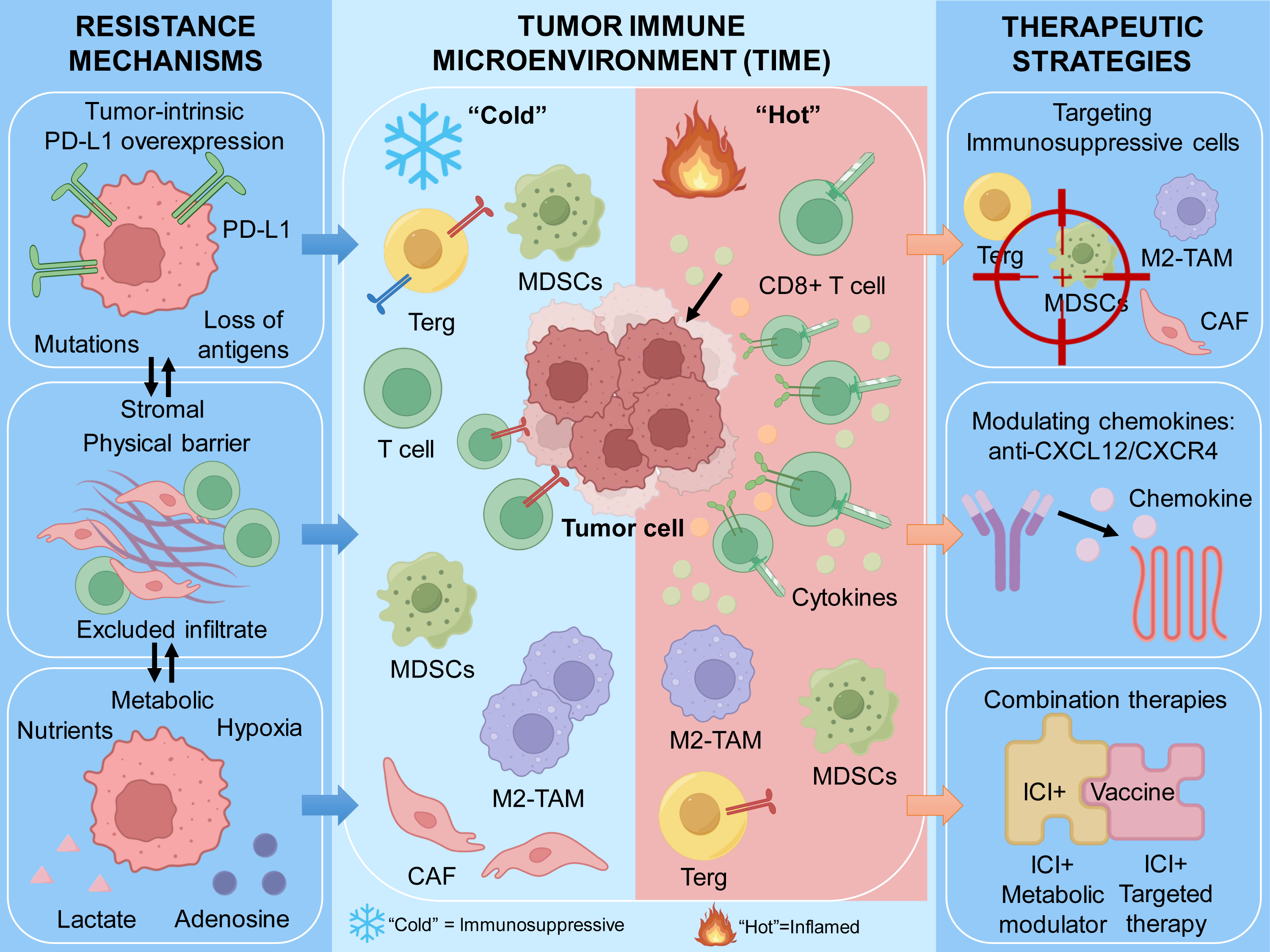 Diagram showing how tumor-intrinsic, stromal, and metabolic factors interact within the tumor immune microenvironment. These combined processes suppress immune activity and define distinct immune phenotypes associated with immunotherapy resistance.