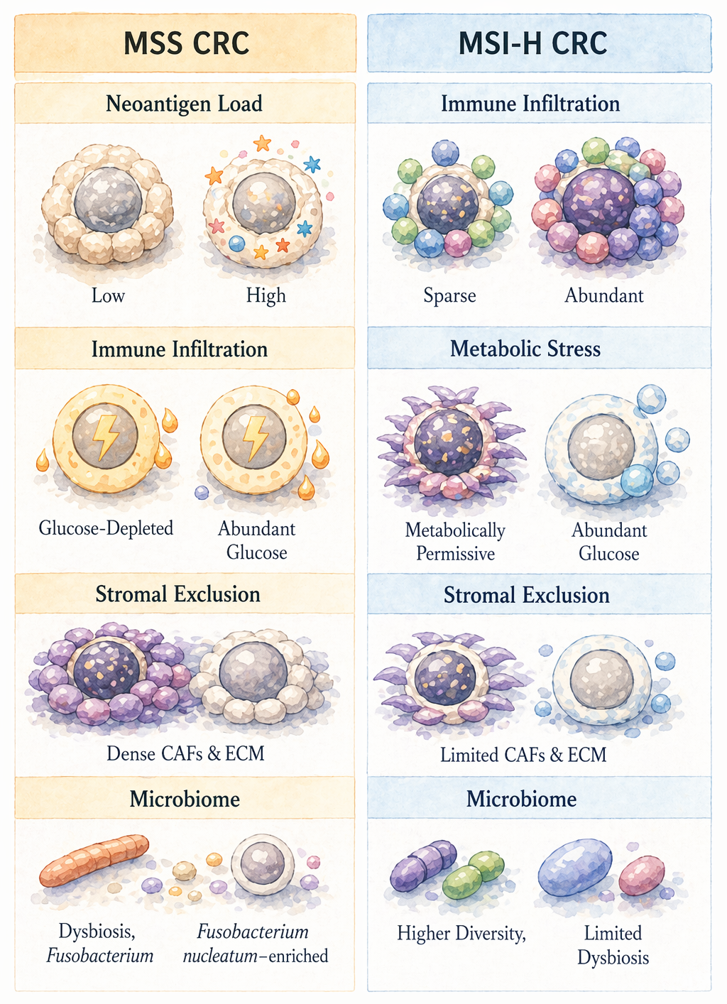 Conceptual model showing dominant immune-constraint axes in microsatellite-stable colorectal cancer, including metabolic stress, microbiome-driven inflammation, stromal exclusion, and checkpoint dependence.