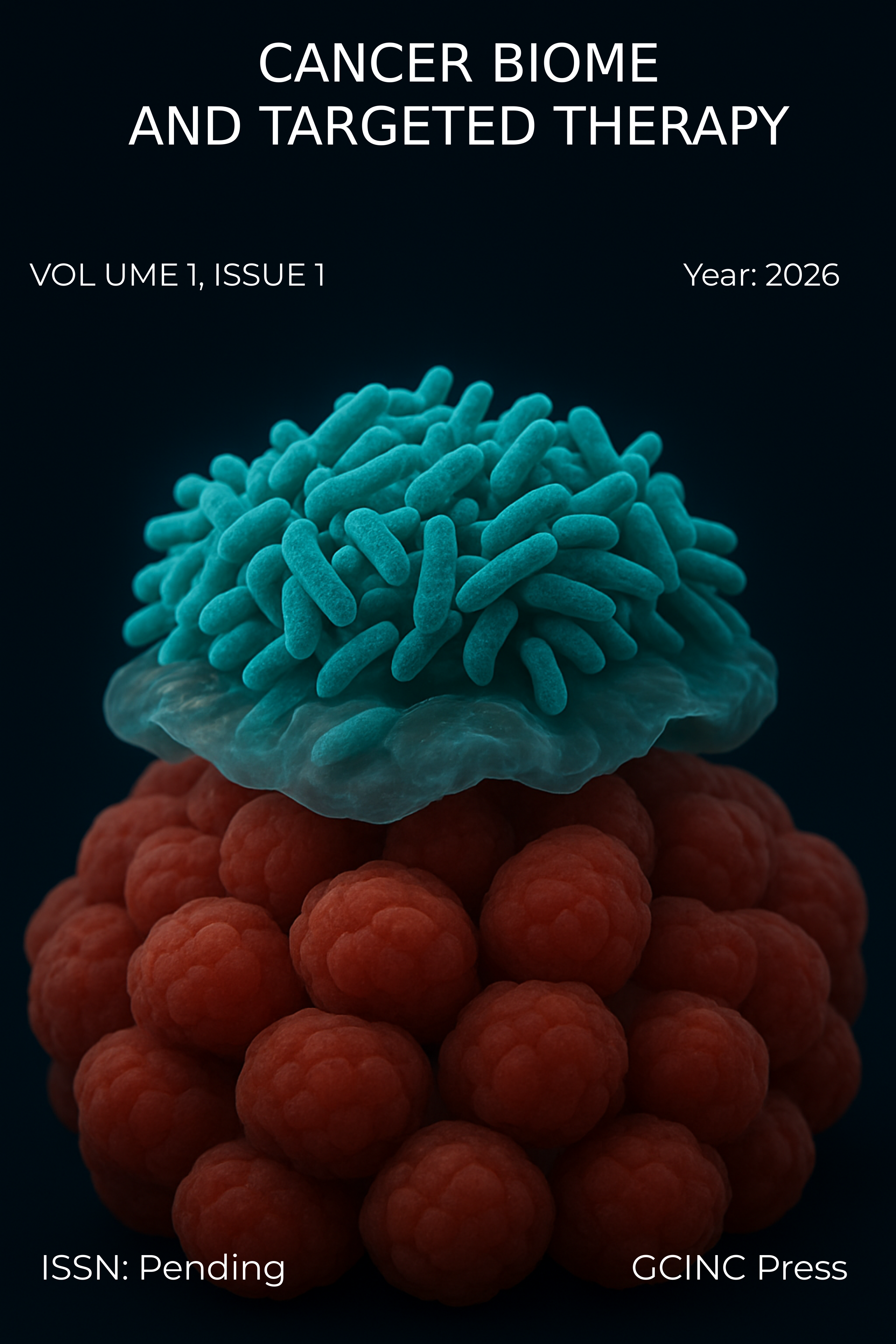 Cover: Conceptual illustration of microbial colonization (teal) at the surface of a malignant tumor mass (red), depicting spatial proximity relevant to inflammation, immune modulation, and therapeutic response.