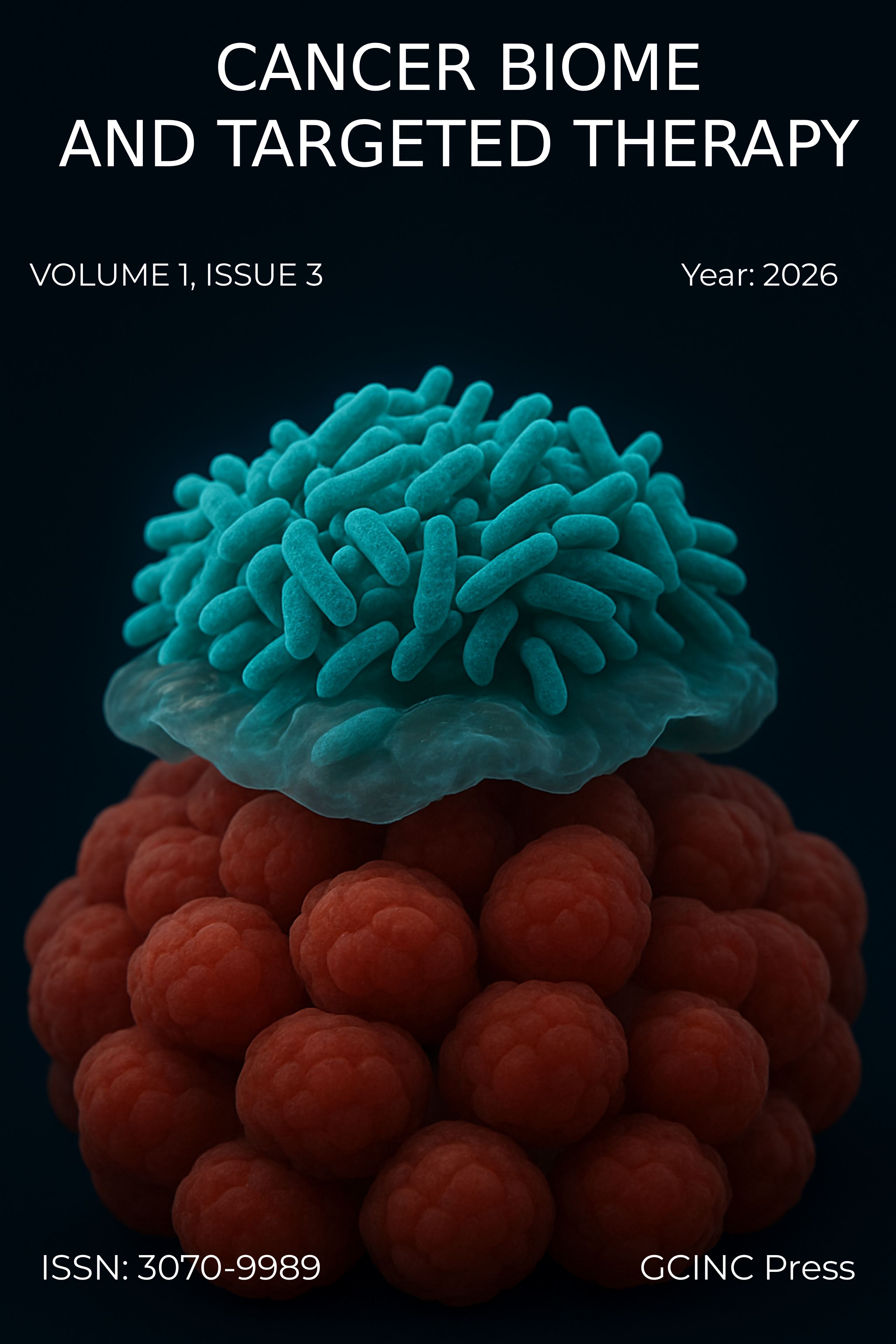 Journal cover for Cancer Biome and Targeted Therapy, Volume 1, Issue 3 (2026), featuring a scientific illustration of a tumor: a cluster of red, rounded cancer cells topped by a teal layer representing bacteria or microbiota interacting with the tumor surface, symbolizing microbiome–tumor immune microenvironment crosstalk.