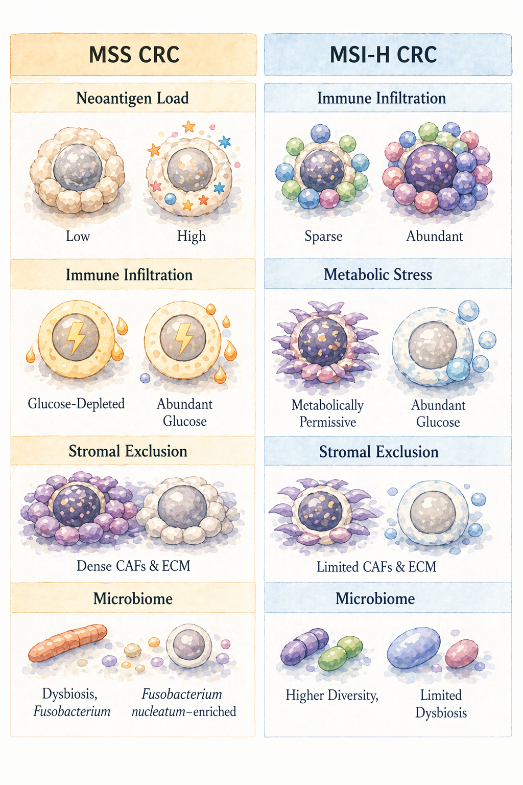 Illustration comparing MSS and MSI-H colorectal cancer microenvironments. MSS CRC is associated with low neoantigen burden, metabolic stress, stromal exclusion, and dysbiotic microbiota, whereas MSI-H CRC shows stronger immune infiltration, reduced stromal barriers, and greater microbial diversity.